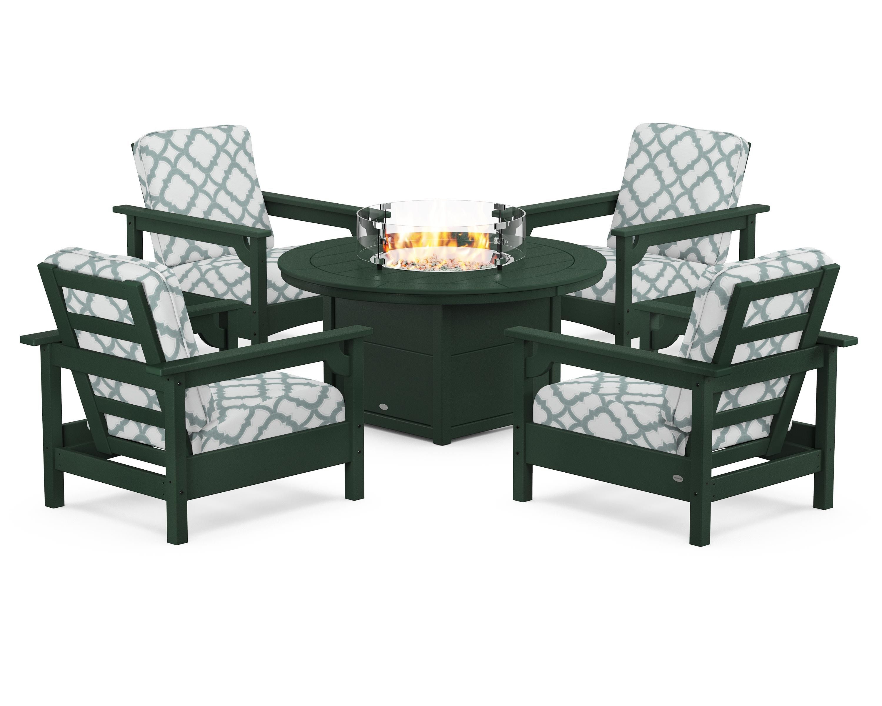 POLYWOOD® Club 5-Piece Conversation Set with Fire Pit Table in Green / Trellis Glacier Spa