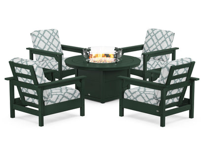 POLYWOOD® Club 5-Piece Conversation Set with Fire Pit Table in Green / Trellis Glacier Spa