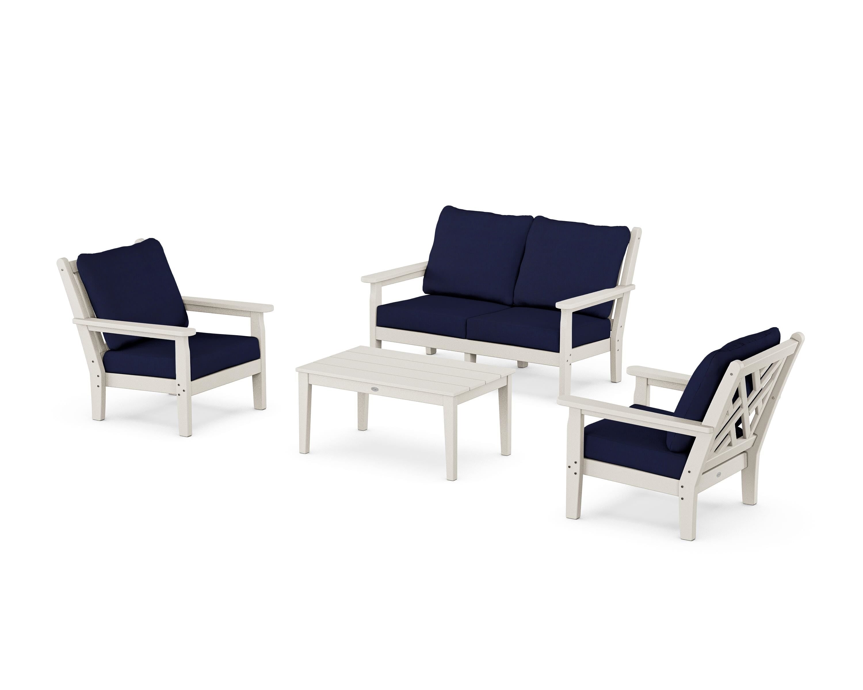 POLYWOOD® Chippendale 4-Piece Deep Seating Set with Loveseat in Sand / Navy