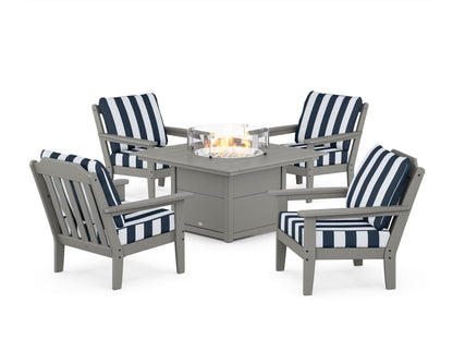 Country Living Cottage 5-Piece Deep Seating Set with Fire Pit Table in Slate Grey / Cabana Stripe Marine Indigo