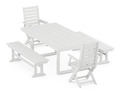 POLYWOOD® Captain Folding Chair 5-Piece Dining Set with Benches in White