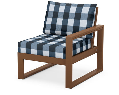 POLYWOOD® EDGE Modular Right Arm Chair in Teak / Buffalo Plaid Marine Indigo
