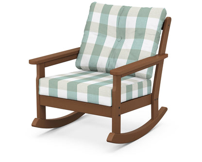 POLYWOOD® Vineyard Deep Seating Rocking Chair in Teak / Buffalo Plaid Glacier Spa