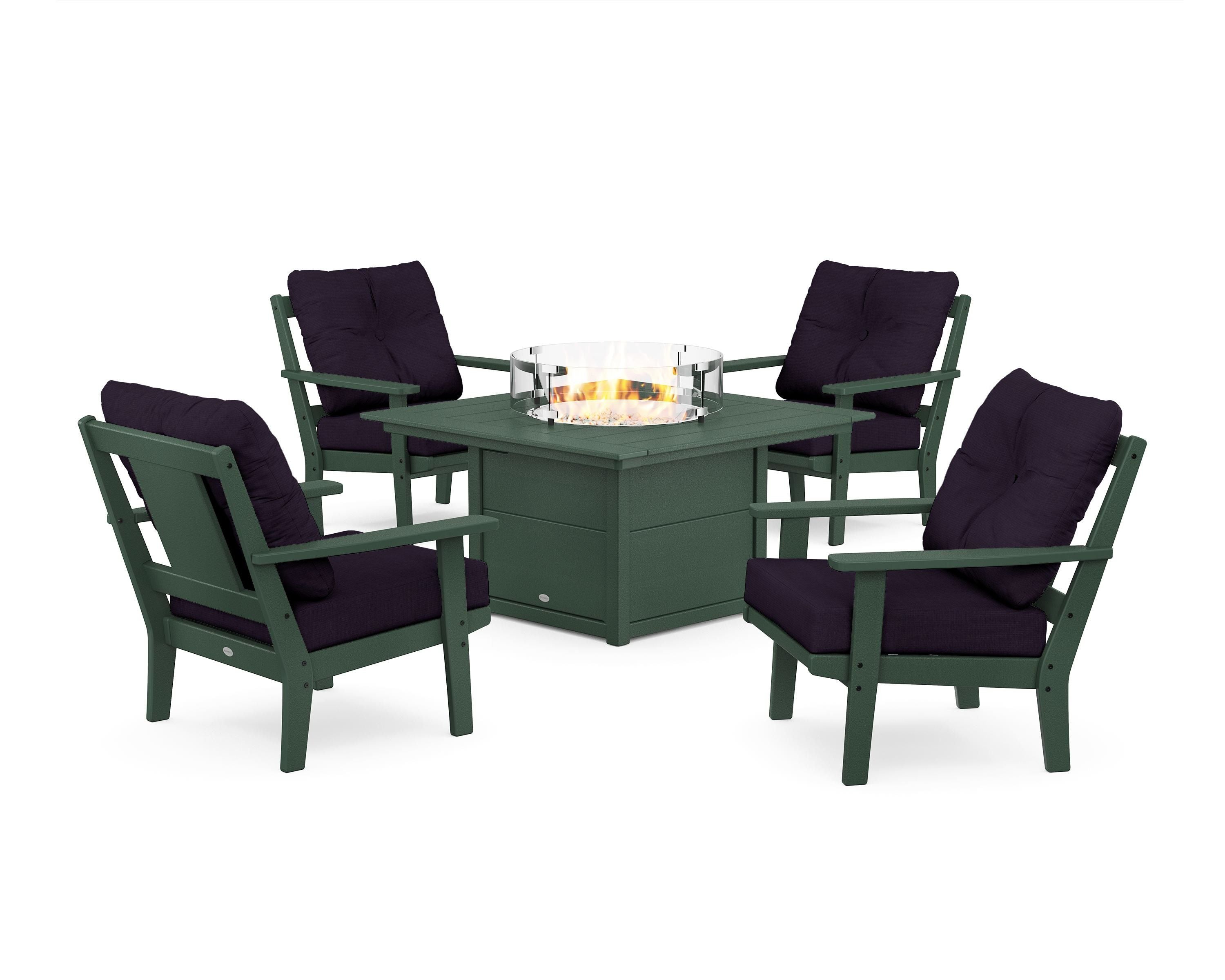 POLYWOOD® Prairie 5-Piece Deep Seating Set with Fire Pit Table in Green / Navy Linen