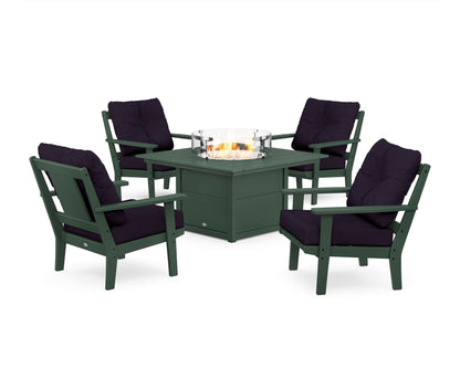POLYWOOD® Prairie 5-Piece Deep Seating Set with Fire Pit Table in Green / Navy Linen