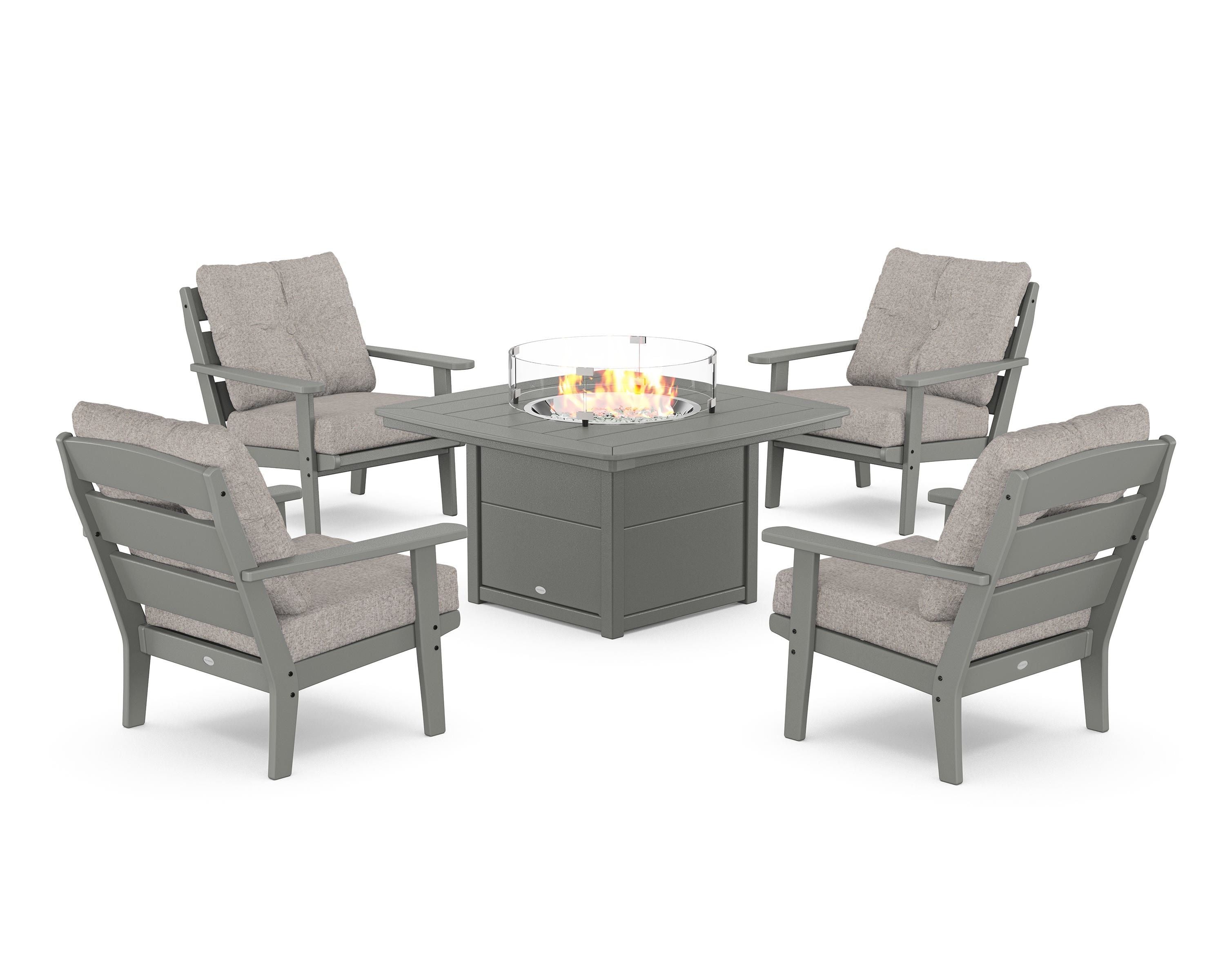 POLYWOOD® Lakeside 5-Piece Deep Seating Set with Nautical Fire Pit Table in Slate Grey / Weathered Tweed