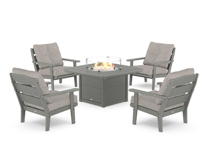 POLYWOOD® Lakeside 5-Piece Deep Seating Set with Nautical Fire Pit Table in Slate Grey / Weathered Tweed