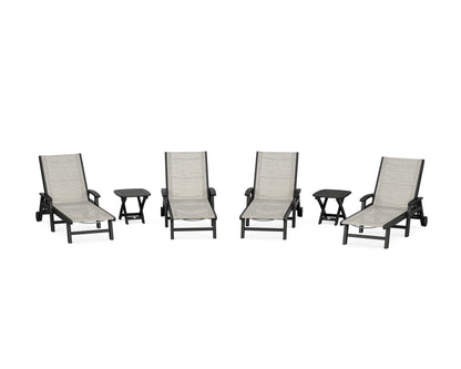 POLYWOOD® Coastal Chaise 6-Piece Set with Wheels in Black / Birch Sling