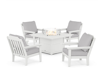 Country Living Cottage 5-Piece Deep Seating Set with Fire Pit Table in White / Granite