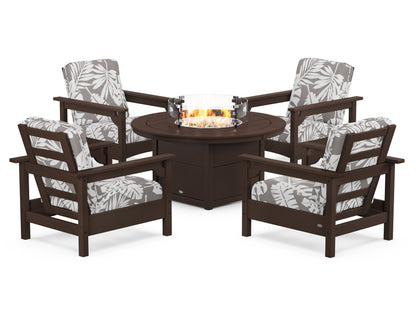 POLYWOOD® Club 5-Piece Conversation Set with Fire Pit Table in Mahogany / Leaf Grey Mist