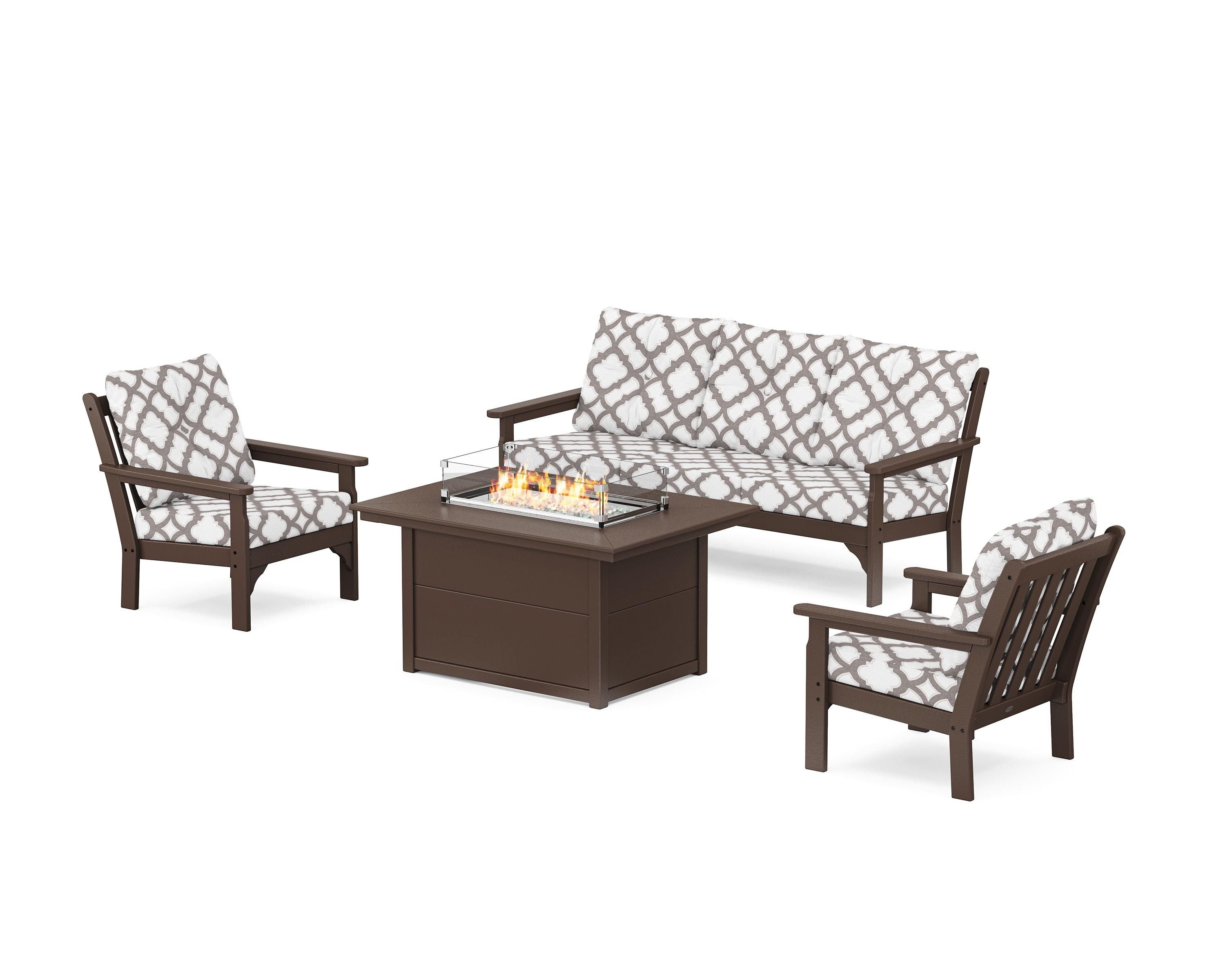POLYWOOD® Vineyard Deep Seating Fire Pit Table Set in Mahogany / Trellis Grey Mist