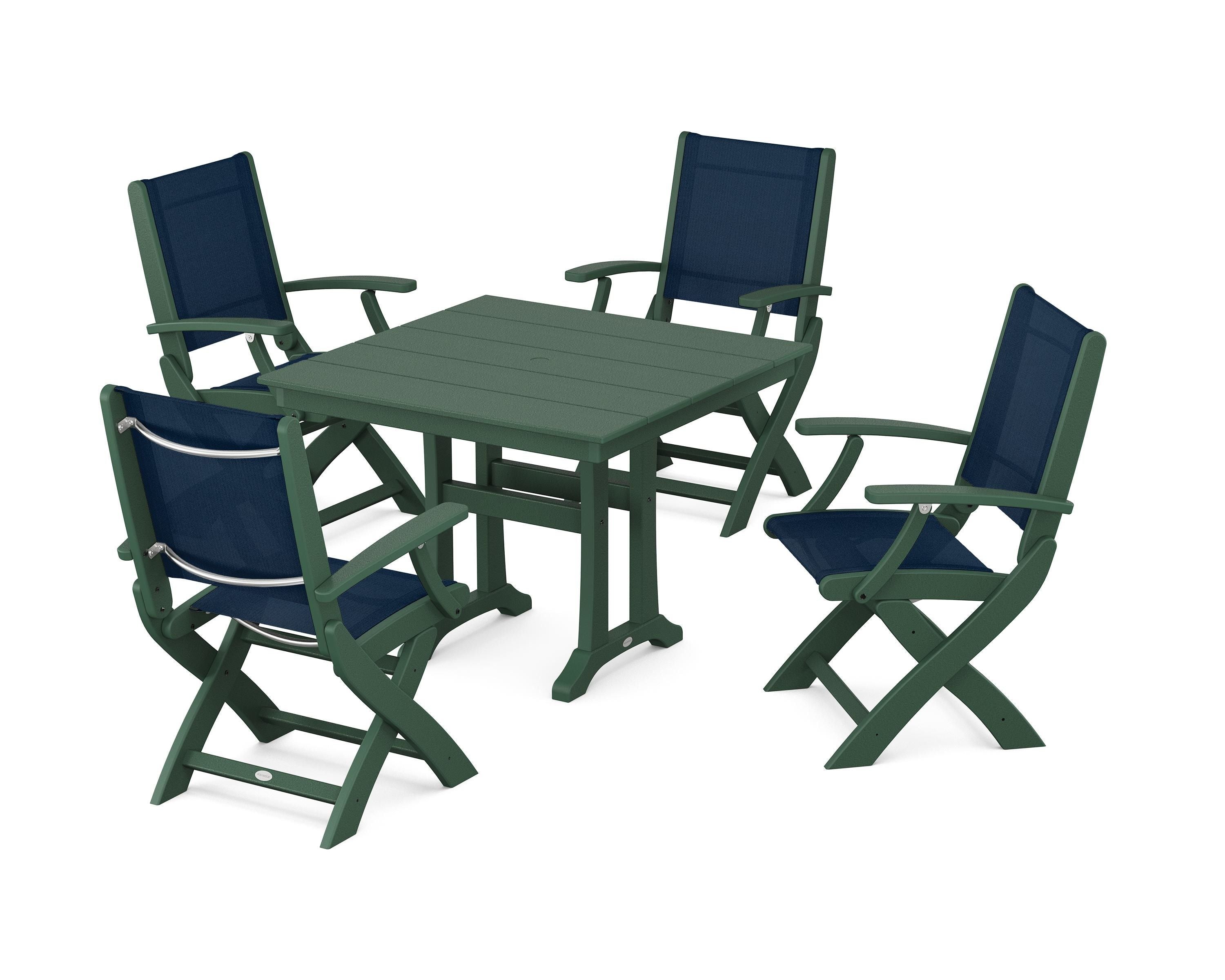POLYWOOD® Coastal Folding Chair 5-Piece Farmhouse Dining Set With Trestle Legs in Green / Navy Blue Sling
