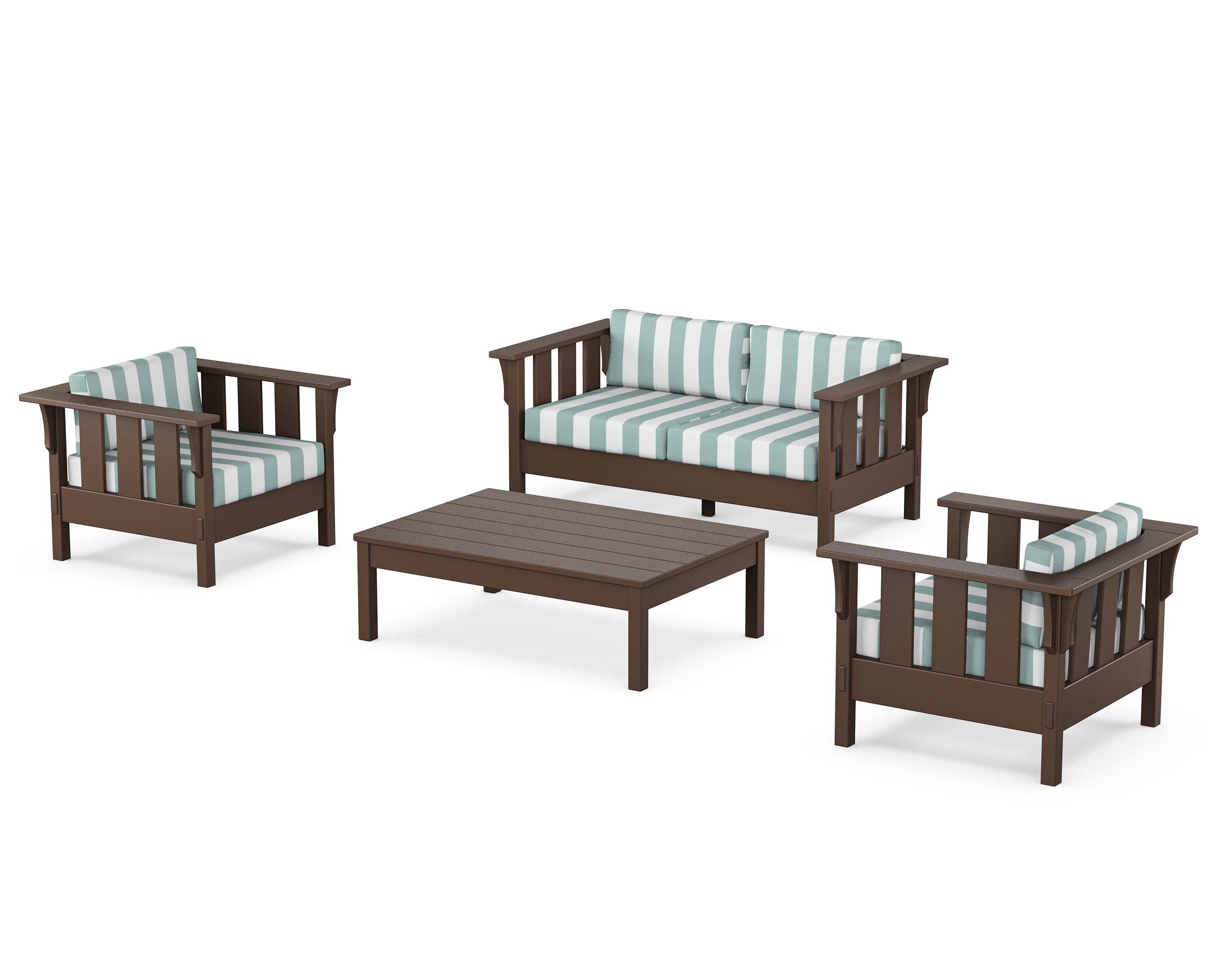 Martha Stewart by POLYWOOD® Acadia 4-Piece Deep Seating Set with Loveseat in Mahogany / Cabana Stripe Glacier Spa