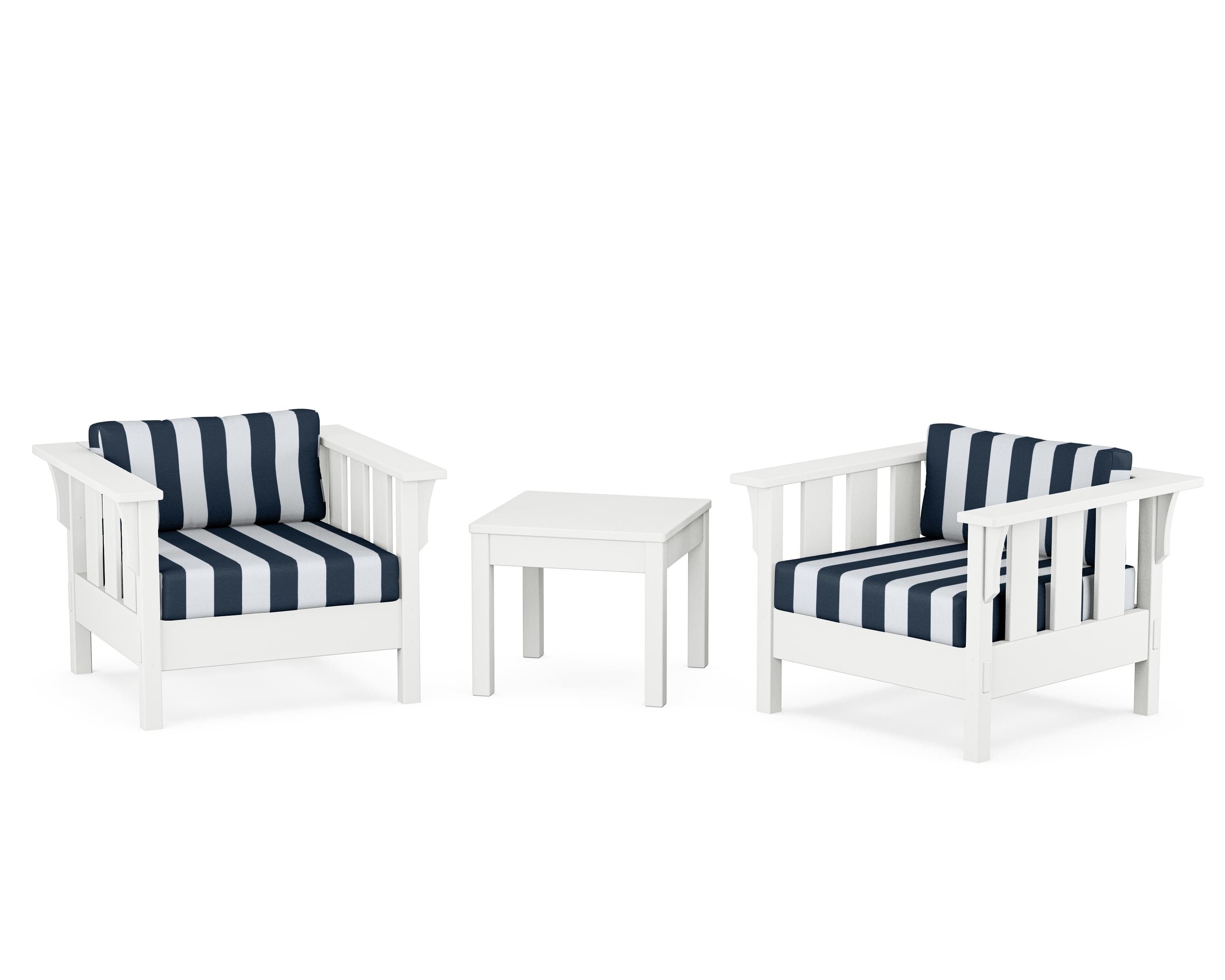 Martha Stewart by POLYWOOD® Acadia 3-Piece Deep Seating Set in White / Cabana Stripe Marine Indigo