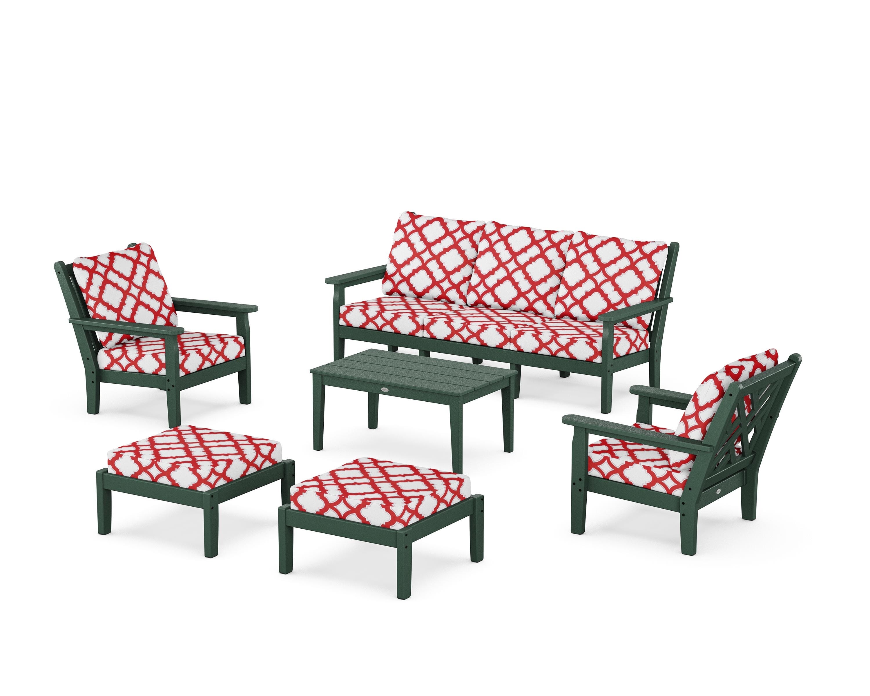 POLYWOOD® Chippendale 6-Piece Lounge Sofa Set in Green / Trellis Crimson