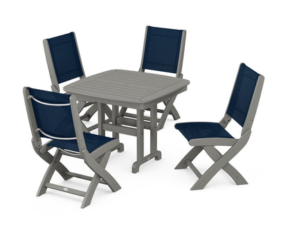 POLYWOOD® Coastal Folding Side Chair 5-Piece Dining Set in Slate Grey / Navy Blue Sling