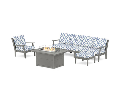 POLYWOOD® Braxton Sectional Lounge and Fire Pit Set in Slate Grey / Trellis Sky Blue