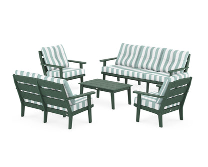 POLYWOOD® Lakeside 5-Piece Lounge Sofa Set in Green / Cabana Stripe Glacier Spa