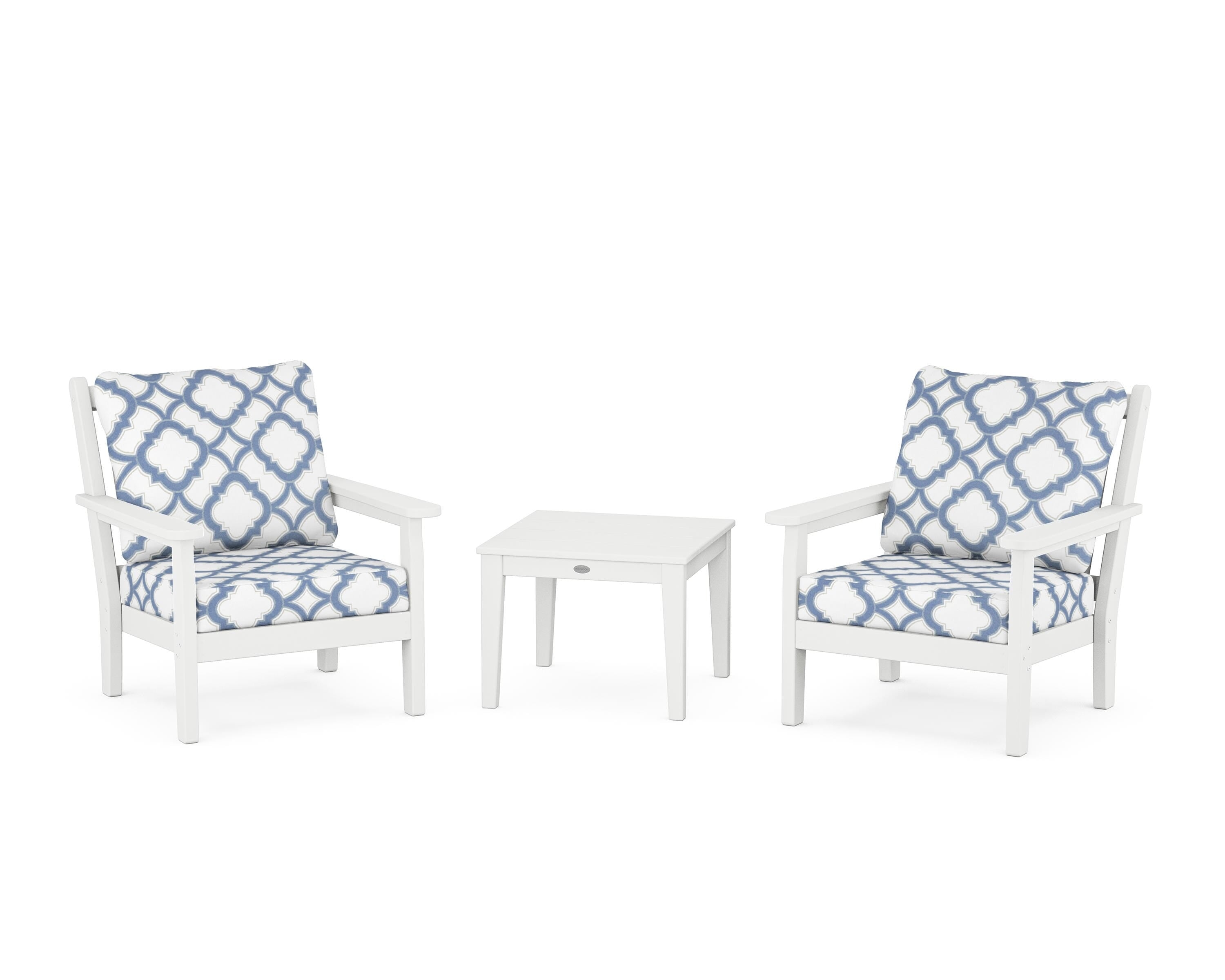 POLYWOOD® Chippendale 3-Piece Deep Seating Set in White / Trellis Sky Blue