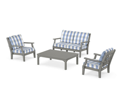 Martha Stewart by POLYWOOD® Chinoiserie 4-Piece Deep Seating Set with Loveseat in Slate Grey / Buffalo Plaid Sky Blue