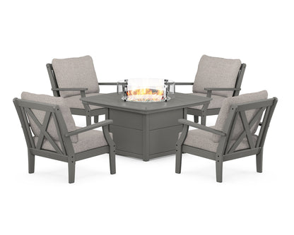 POLYWOOD® Braxton 5-Piece Deep Seating Conversation Set with Fire Pit Table in Slate Grey / Weathered Tweed