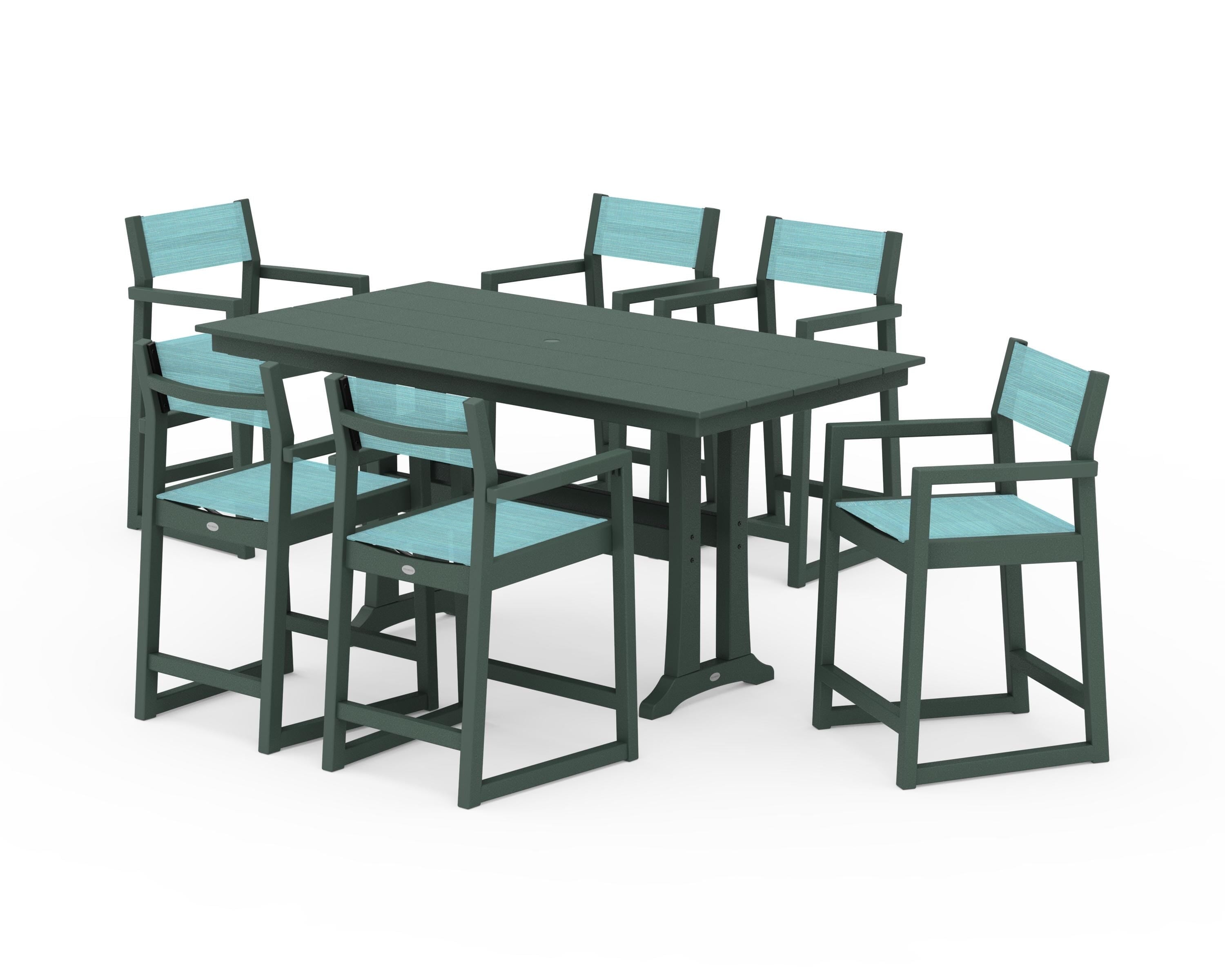 POLYWOOD® EDGE Sling Arm Chair 7-Piece Farmhouse Counter Set with Trestle Legs in Green / Dupioni Aquamarine Sling