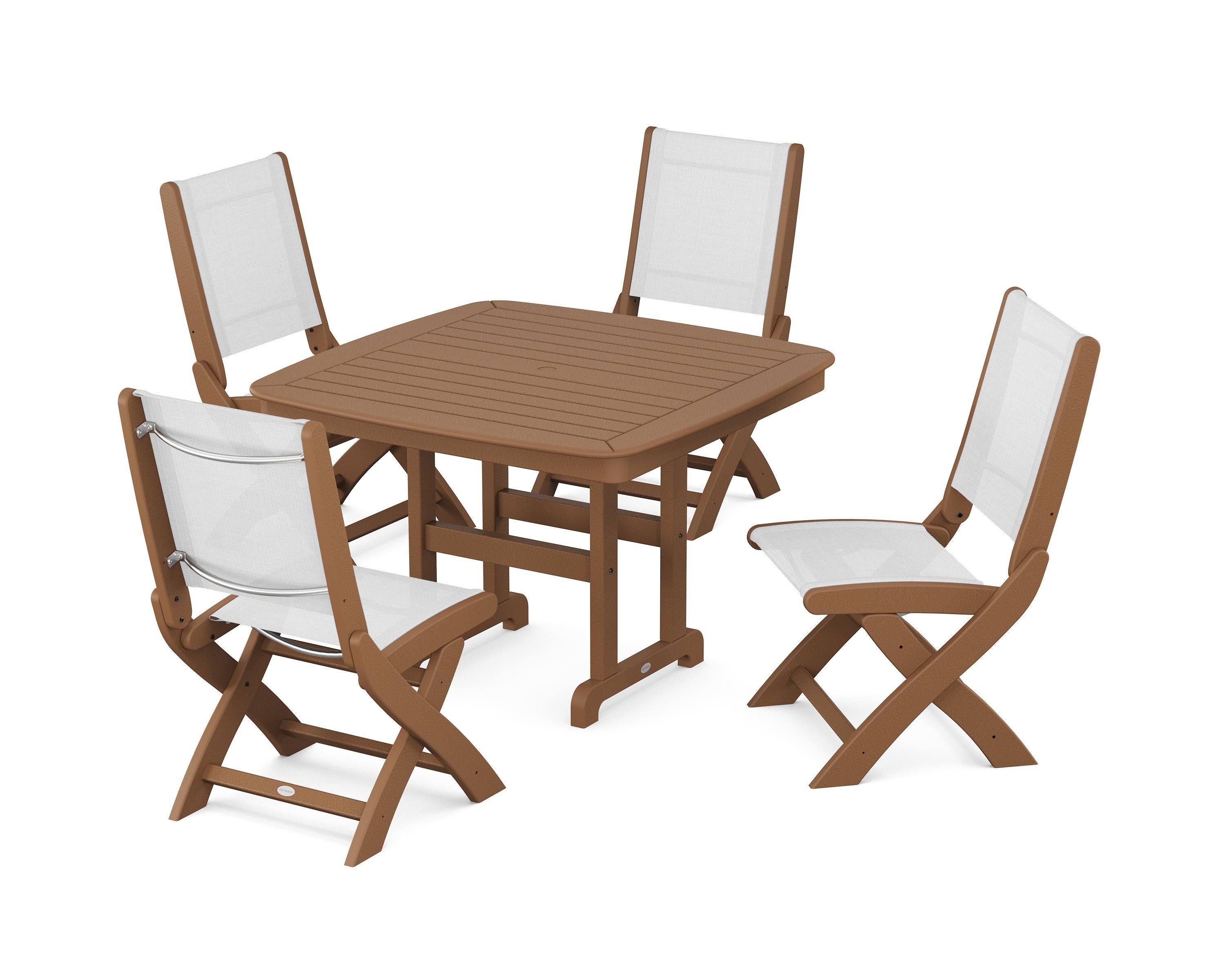 POLYWOOD® Coastal Folding Side Chair 5-Piece Dining Set in Teak / White Sling