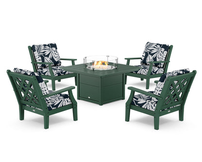 Country Living Wovendale 5-Piece Deep Seating Set with Fire Pit Table in Green / Leaf Marine Indigo