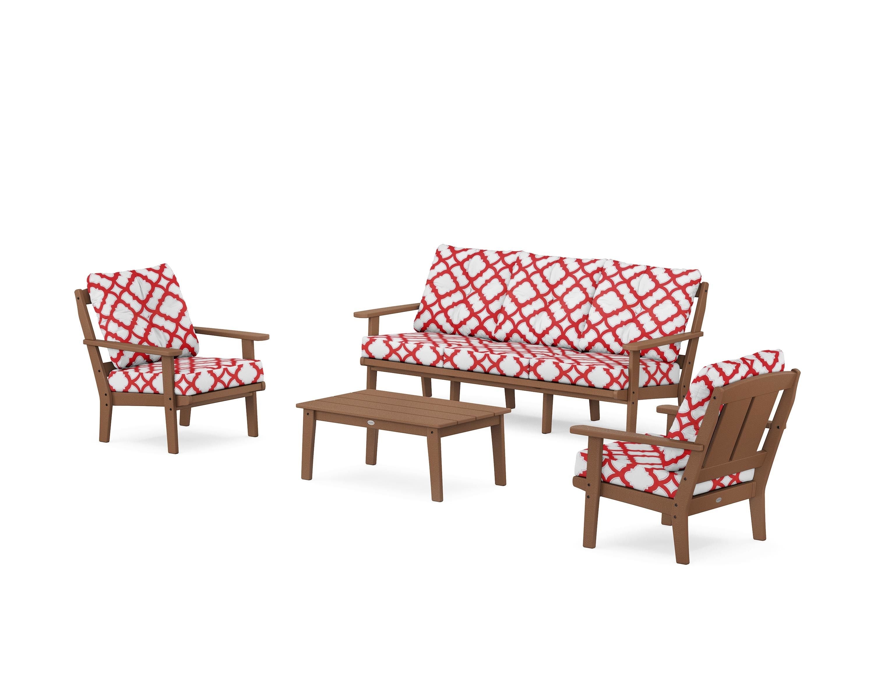 POLYWOOD® Mission 4-Piece Deep Seating Set with Sofa in Teak / Trellis Crimson