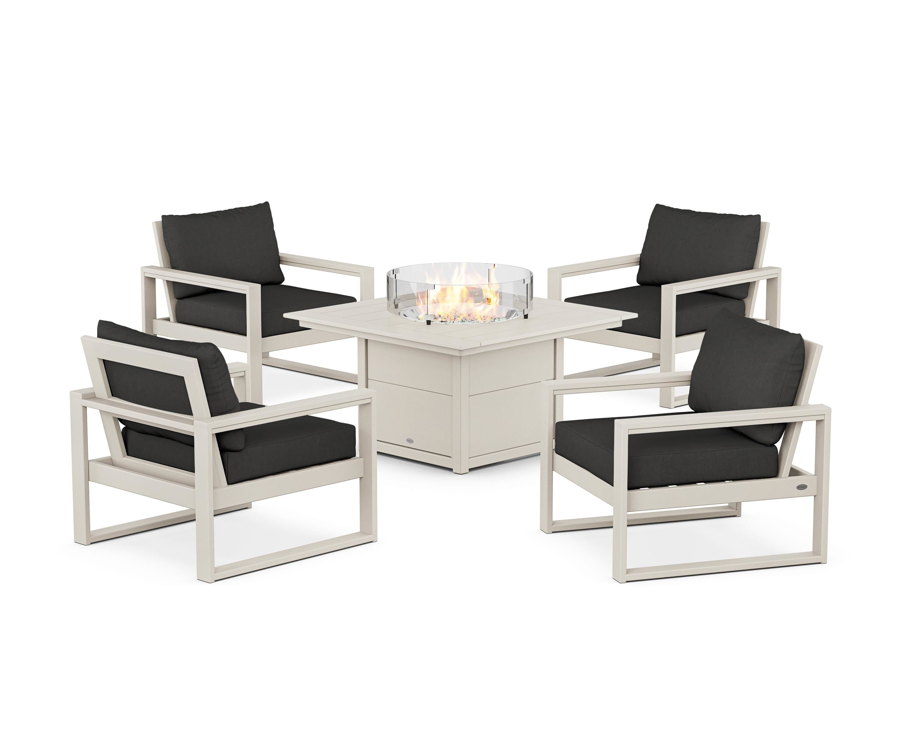 POLYWOOD® EDGE Sectional 5-Piece Deep Seating Set with Fire Pit Table in Sand / Spectrum Carbon
