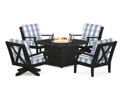 POLYWOOD® Braxton 5-Piece Deep Seating Set with Fire Table in Black / Buffalo Plaid Sky Blue