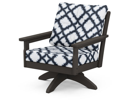 POLYWOOD® Vineyard Deep Seating Swivel Chair in Vintage Coffee / Trellis Marine Indigo