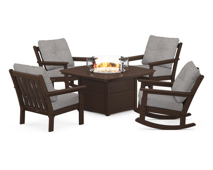 POLYWOOD® Vineyard 5-Piece Deep Seating Rocking Chair Conversation Set with Fire Pit Table in Mahogany / Grey Mist