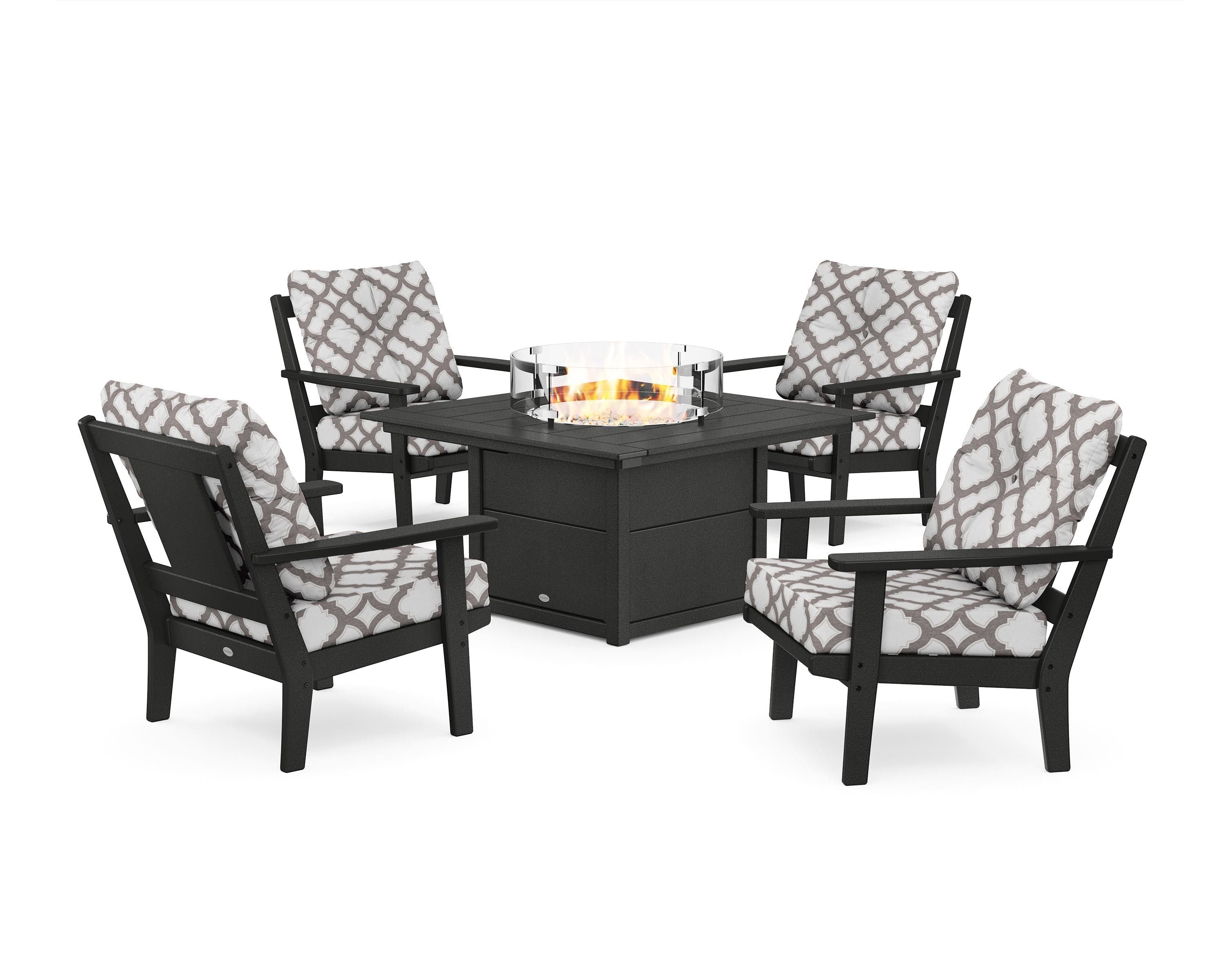 POLYWOOD® Prairie 5-Piece Deep Seating Set with Fire Pit Table in Black / Trellis Grey Mist