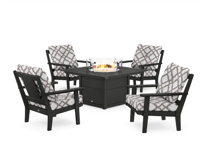 POLYWOOD® Prairie 5-Piece Deep Seating Set with Fire Pit Table in Black / Trellis Grey Mist