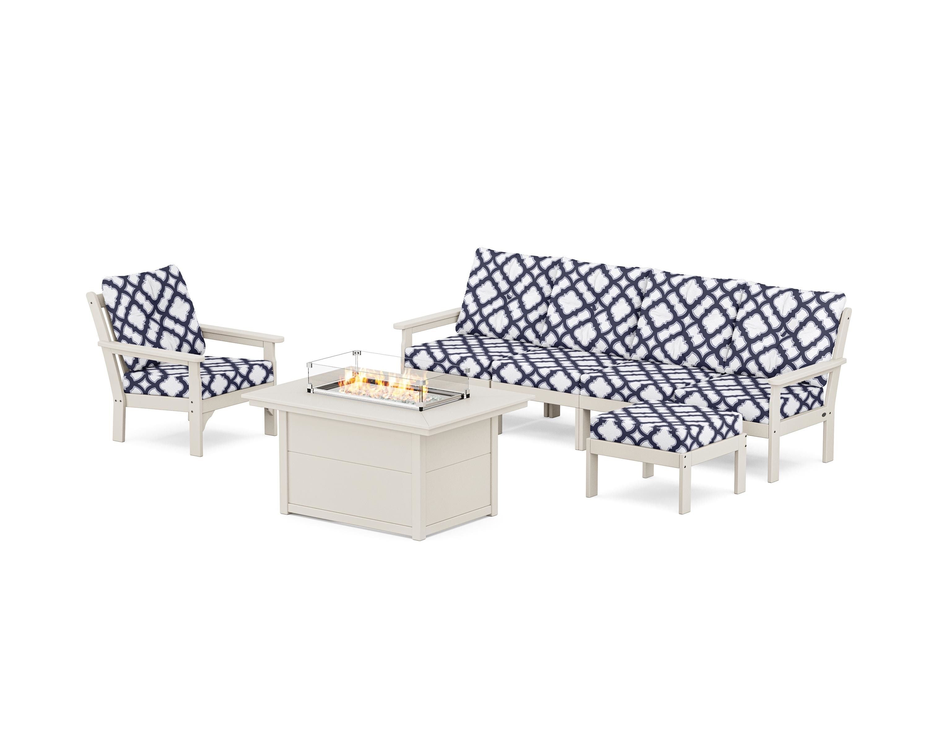 POLYWOOD® Vineyard Sectional Lounge and Fire Pit Set in Sand / Trellis Navy
