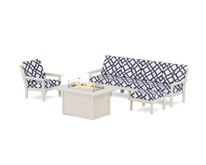 POLYWOOD® Vineyard Sectional Lounge and Fire Pit Set in Sand / Trellis Navy