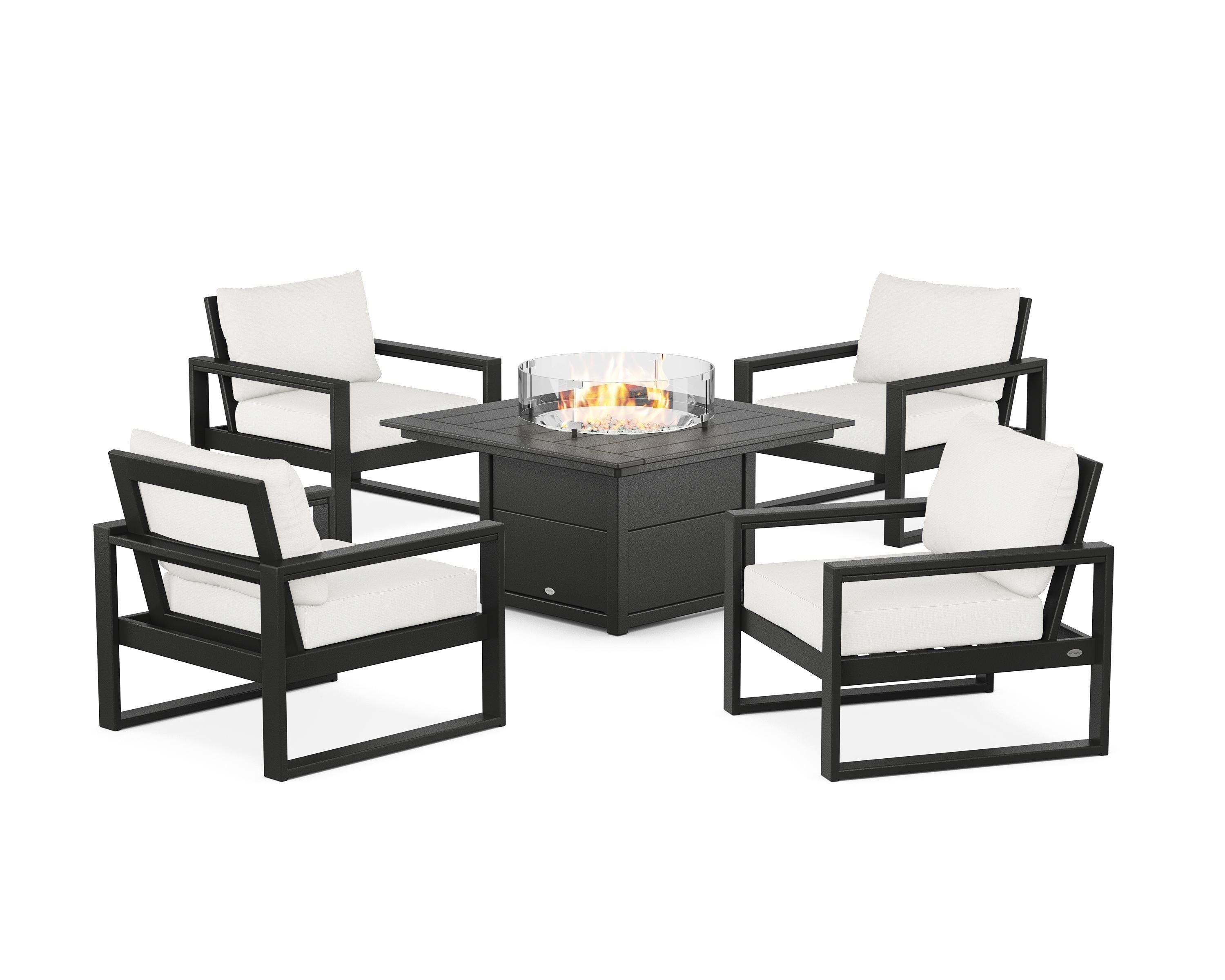 POLYWOOD® EDGE Sectional 5-Piece Deep Seating Set with Fire Pit Table in Black / Natural Linen