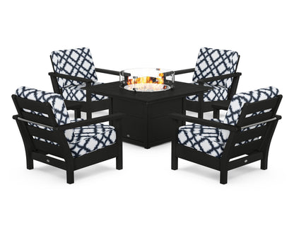 POLYWOOD® Harbour 5-Piece Conversation Set with Fire Pit Table in Black / Trellis Marine Indigo