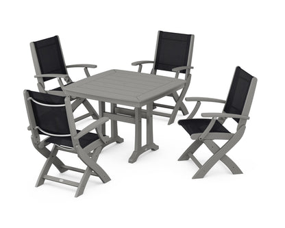 POLYWOOD® Coastal Folding Chair 5-Piece Dining Set with Trestle Legs in Slate Grey / Black Sling