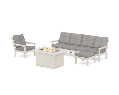 POLYWOOD® Vineyard Sectional Lounge and Fire Pit Set in Sand / Grey Mist