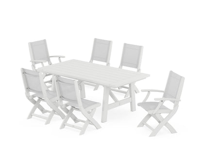 POLYWOOD® Coastal Folding Chair 7-Piece Rustic Farmhouse Dining Set in White / White Sling