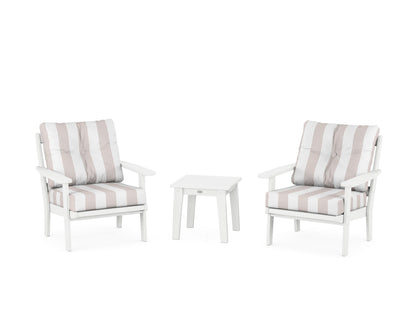 POLYWOOD® Oxford 3-Piece Deep Seating Set in White / Cabana Stripe Dune Burlap