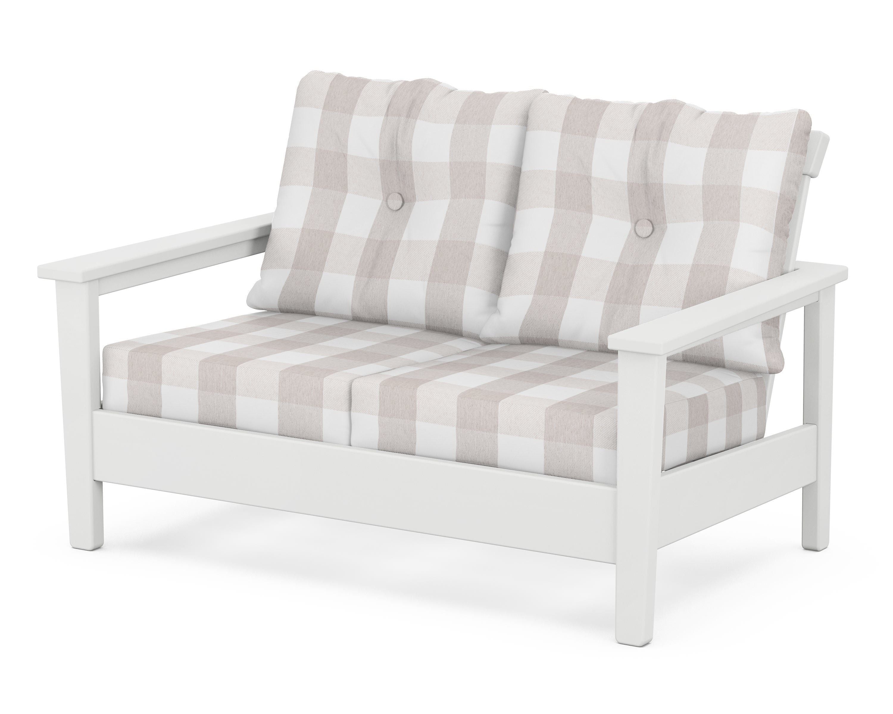 POLYWOOD® Prescott Deep Seating Loveseat in White / Buffalo Plaid Dune Burlap