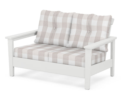 POLYWOOD® Prescott Deep Seating Loveseat in White / Buffalo Plaid Dune Burlap