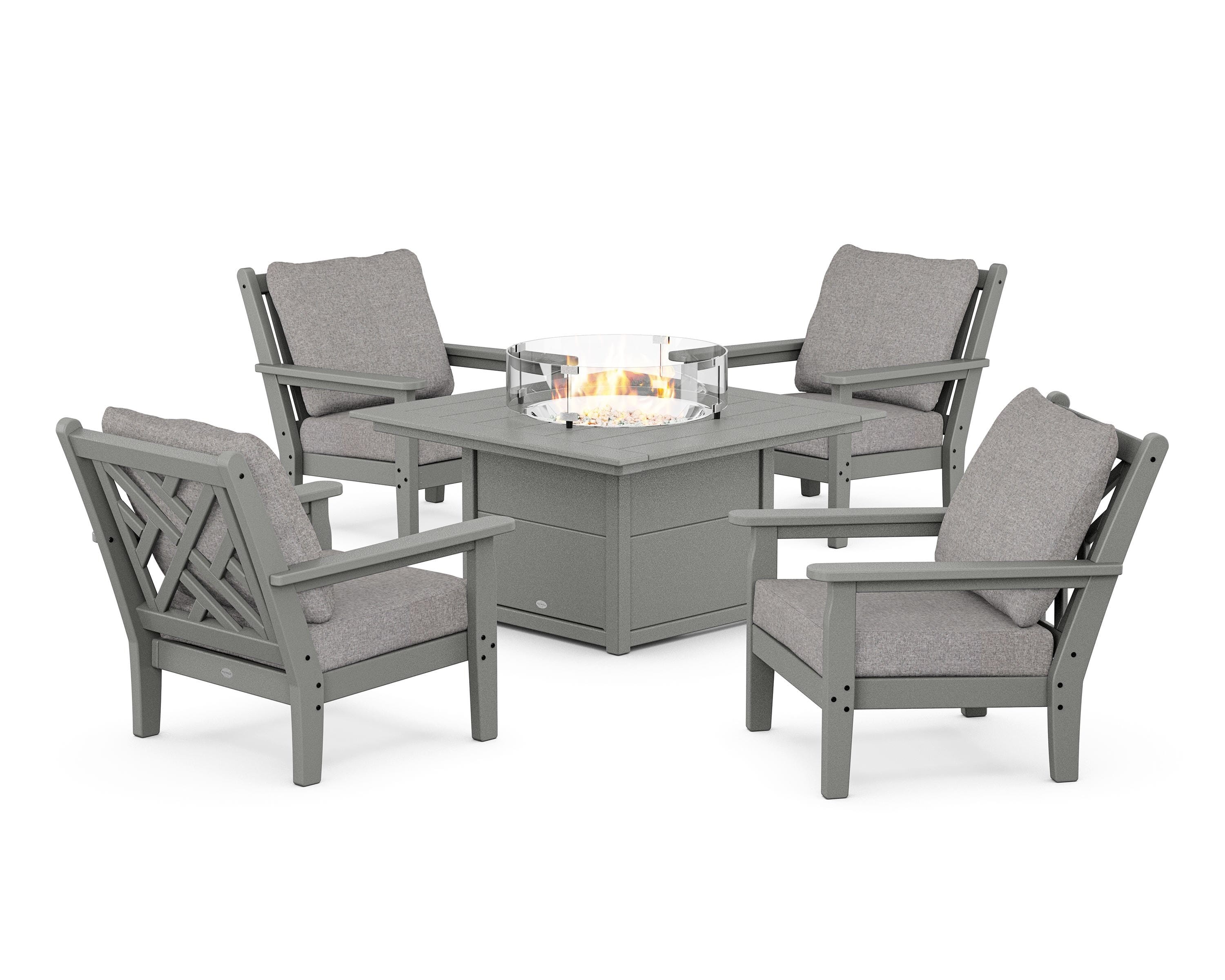 POLYWOOD® Chippendale 5-Piece Deep Seating Set with Fire Pit Table in Slate Grey / Grey Mist