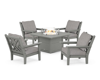 POLYWOOD® Chippendale 5-Piece Deep Seating Set with Fire Pit Table in Slate Grey / Grey Mist
