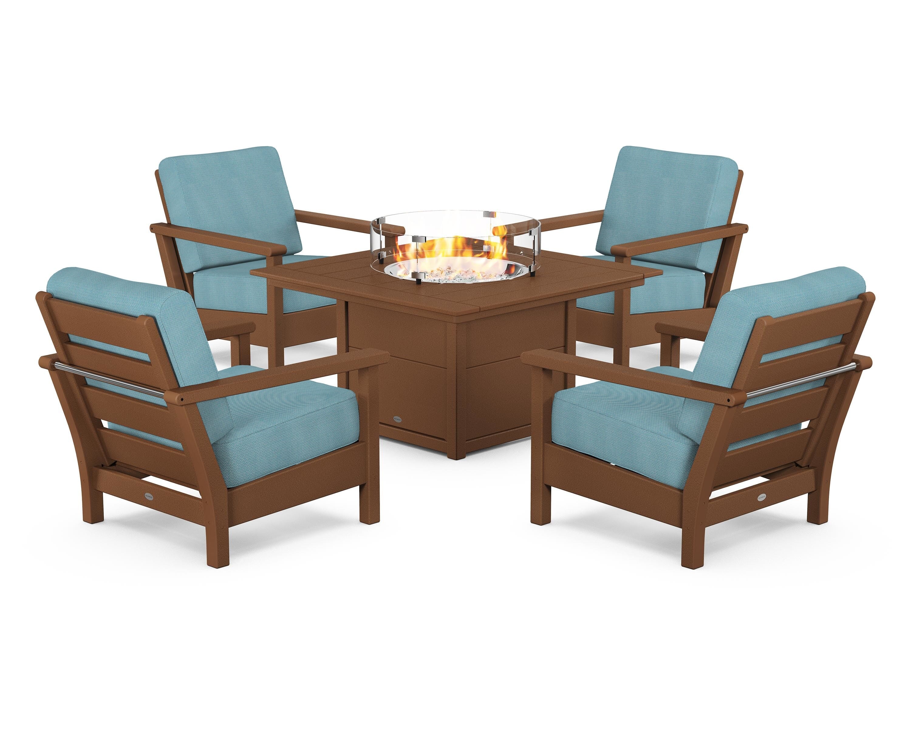 POLYWOOD® Harbour 5-Piece Conversation Set with Fire Pit Table in Teak / Lattice Sky Blue