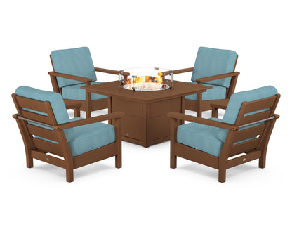 POLYWOOD® Harbour 5-Piece Conversation Set with Fire Pit Table in Teak / Lattice Sky Blue