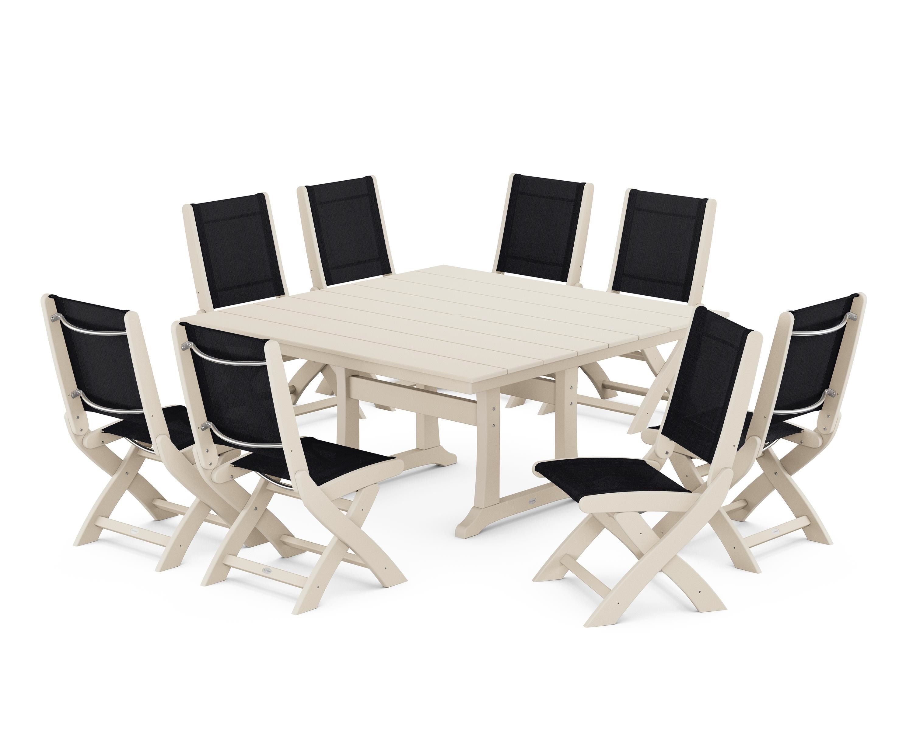 POLYWOOD® Coastal Folding Side Chair 9-Piece Farmhouse Dining Set in Sand / Black Sling